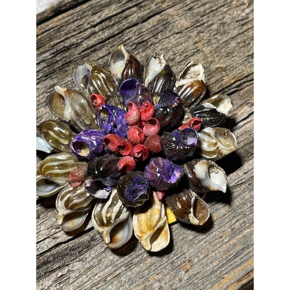 Vintage Handcrafted Seashell Flower Brooch Pin With Red & Purple Accents - Made - Picture 1 of 4